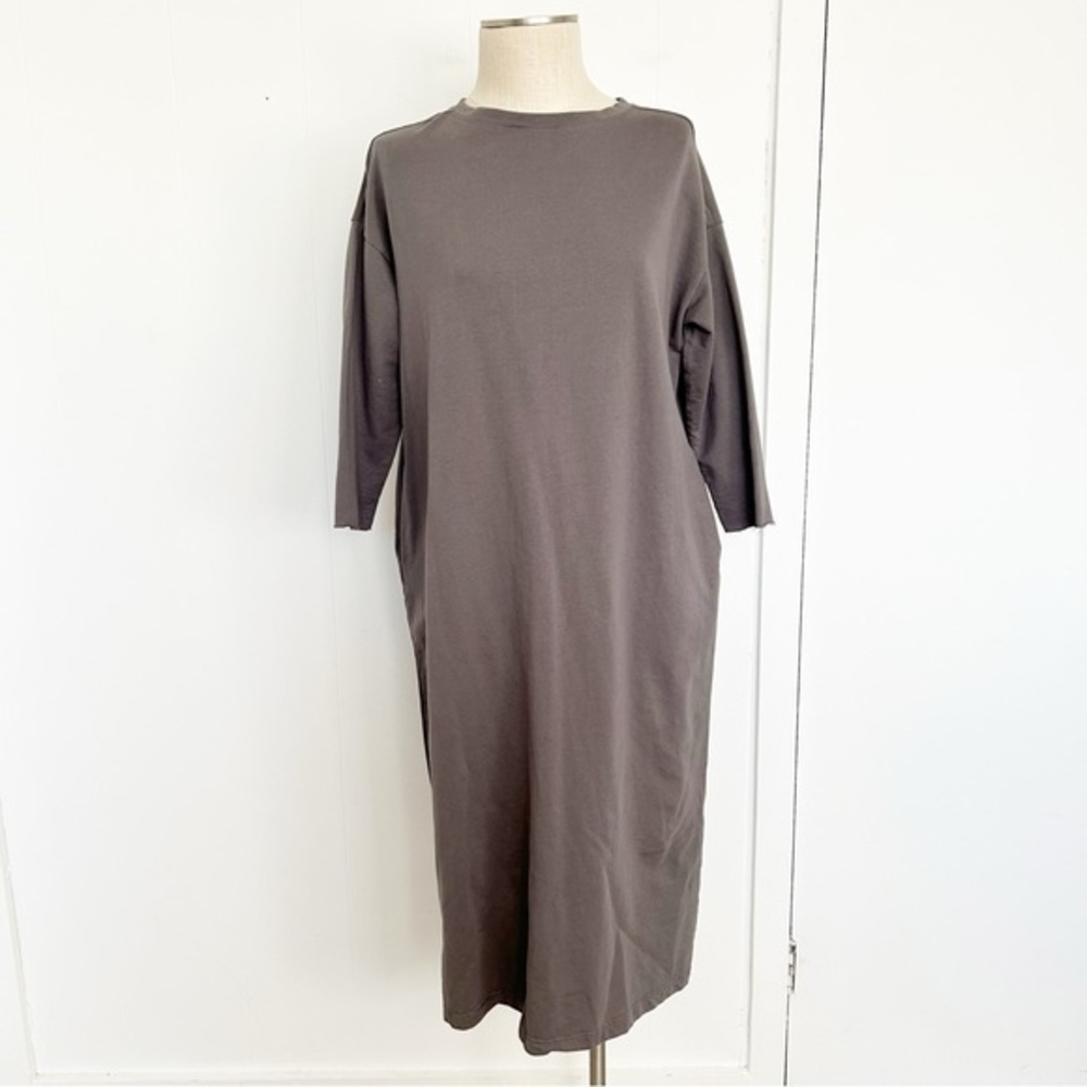Grade & Gather Charcoal Grey 3/4 Sleeve Midi Dress Cotton Pockets‎ Lagenlook S
